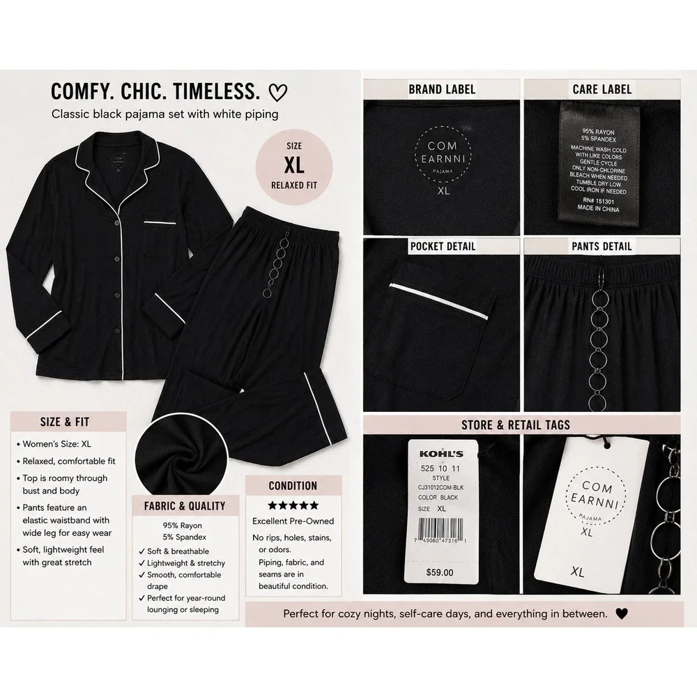 Cozy Earth Women's Extra Large Black Bamboo Pajama Set Quiet Luxury Lounge